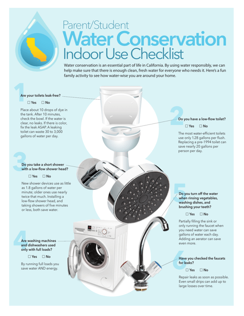 &quot;Parent/Student Water Conservation Indoor Use Checklist&quot; - California Download Pdf