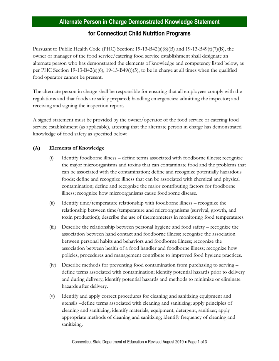 Alternate Person in Charge Demonstrated Knowledge Statement - Connecticut, Page 1