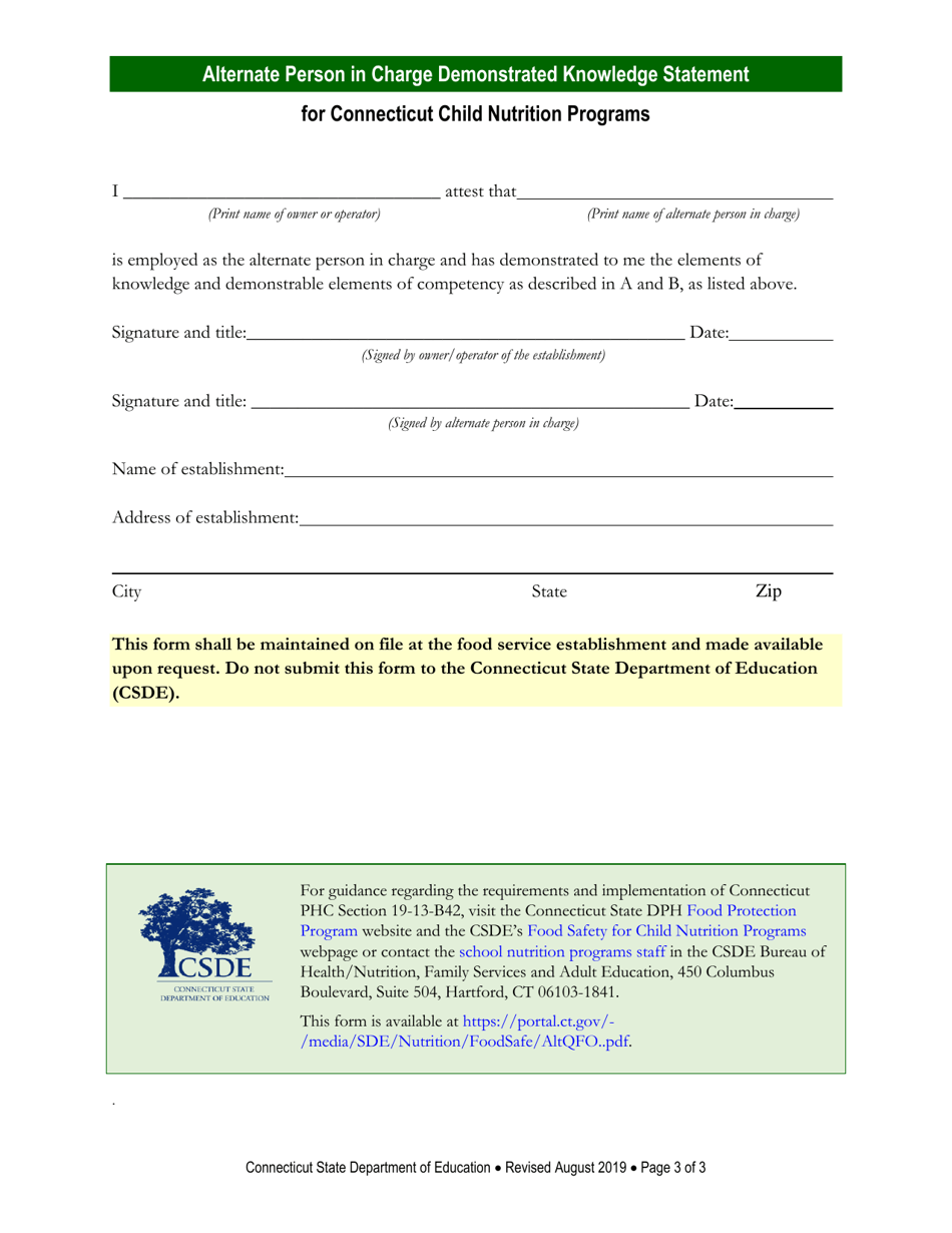 Alternate Person in Charge Demonstrated Knowledge Statement - Connecticut, Page 3