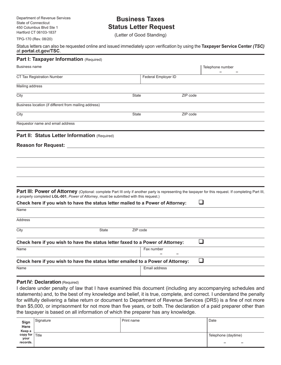 Form TPG-170 Business Taxes Status Letter Request - Connecticut, Page 1