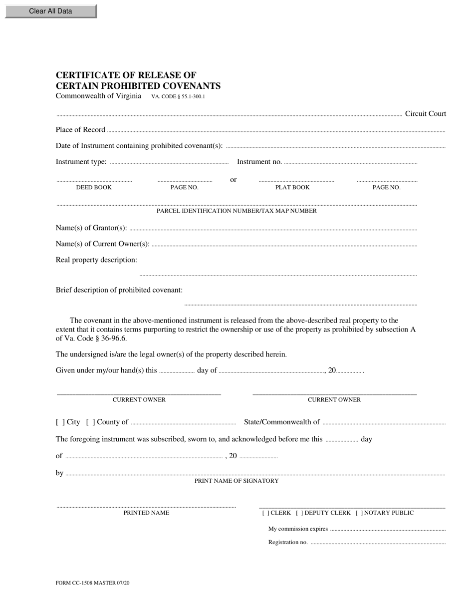 Form CC-1508 Certificate of Release of Certain Prohibited Covenants - Virginia, Page 1