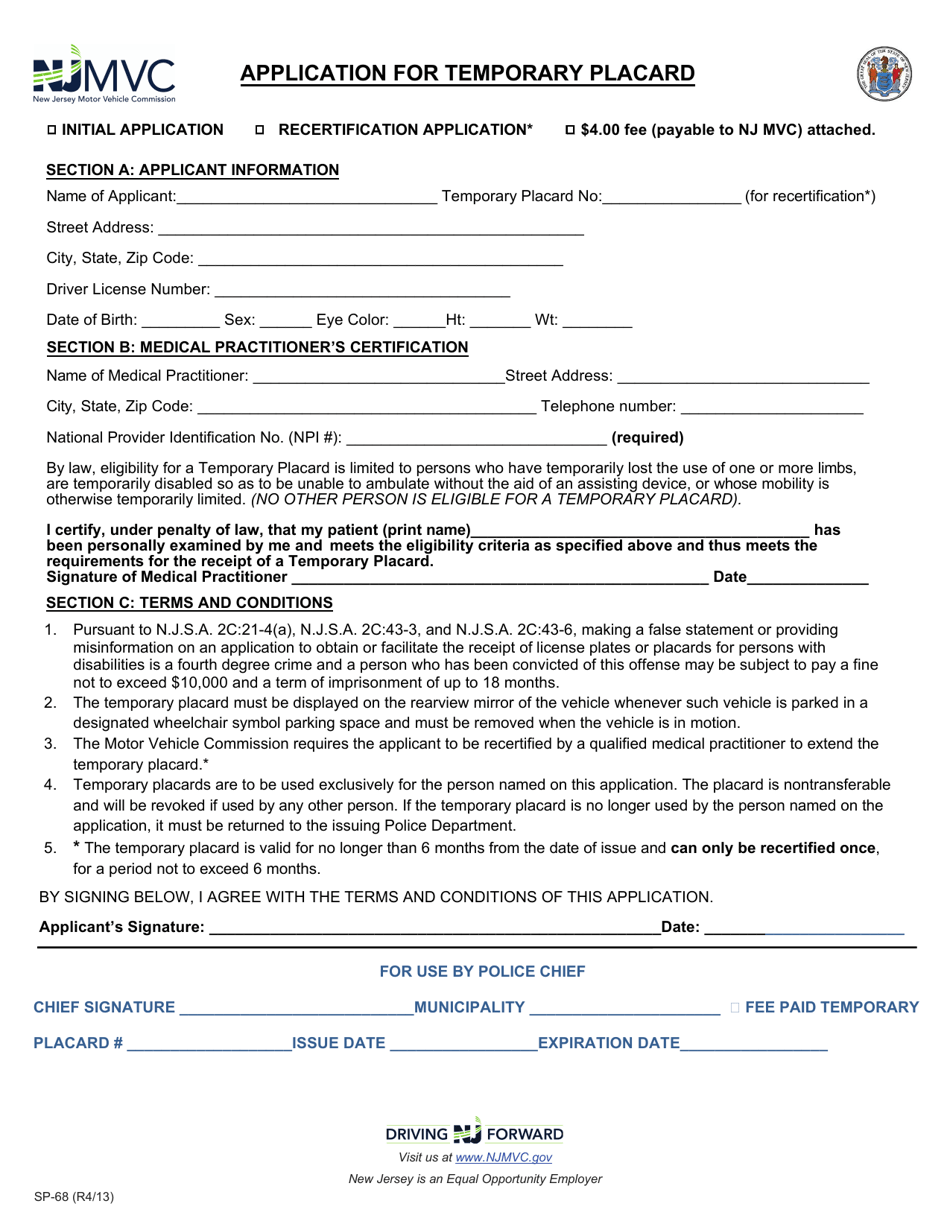 Form SP-68 Application for Temporary Placard - New Jersey, Page 1