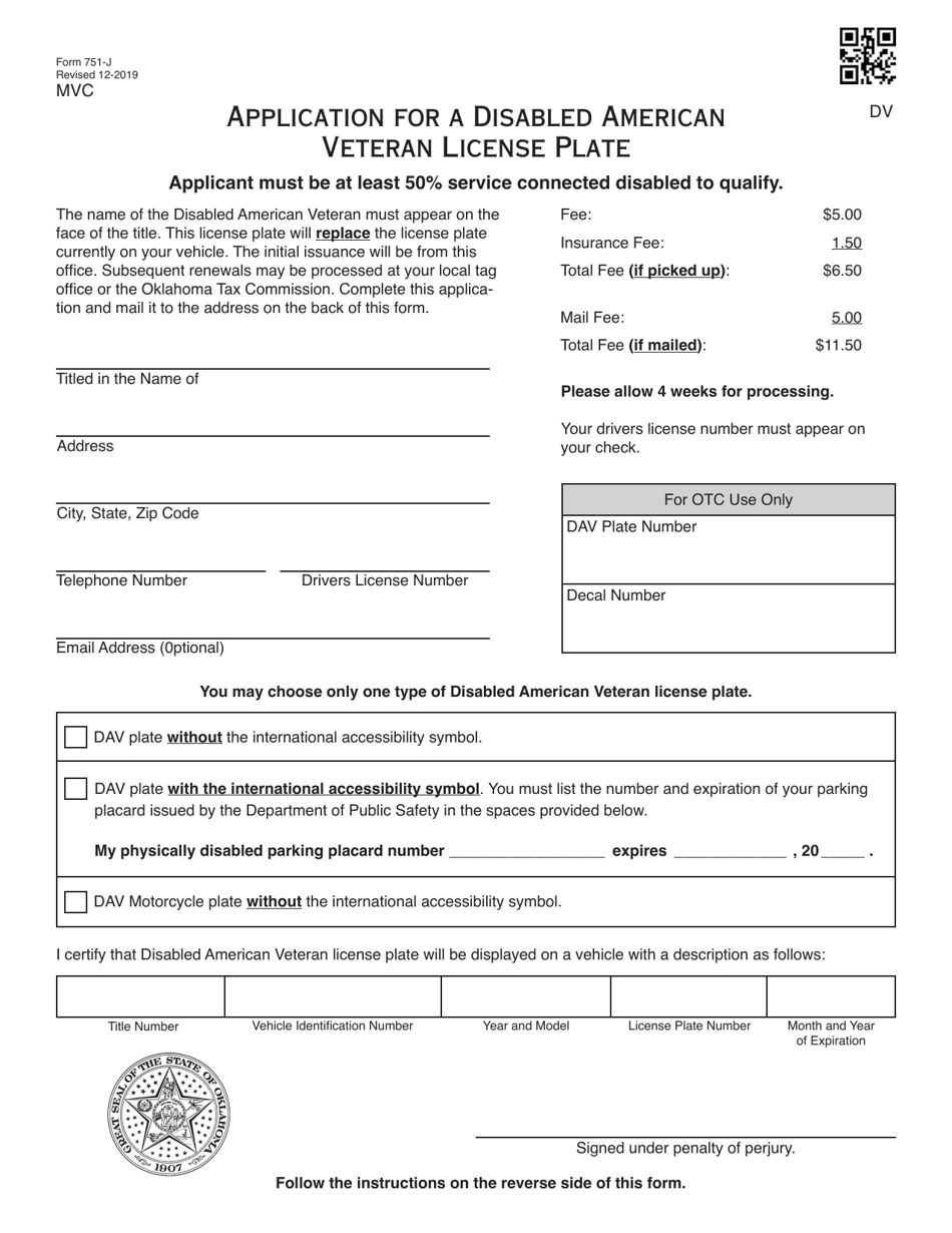 Form 751-J Application for a Disabled American Veteran License Plate - Oklahoma, Page 1