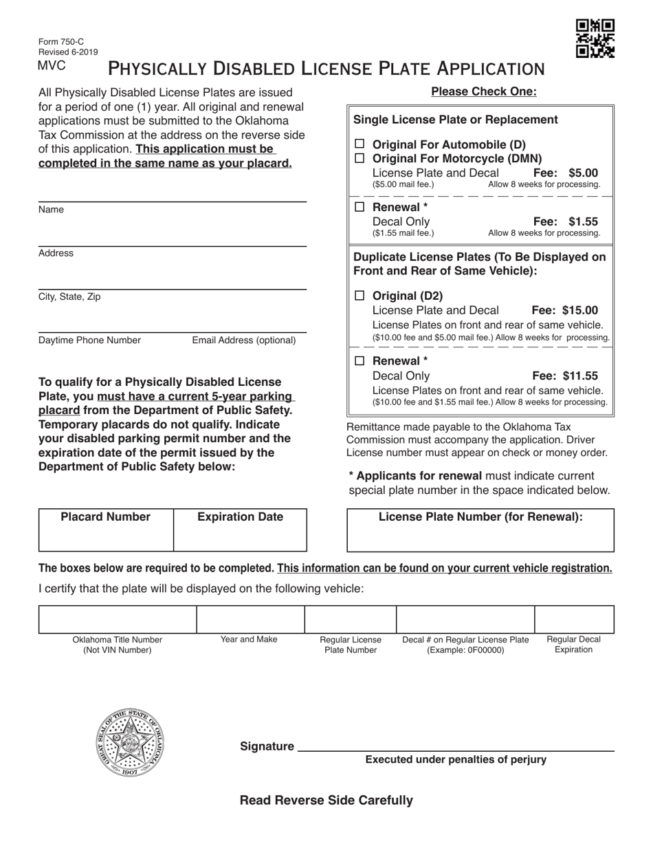 Form 750-C Physically Disabled License Plate Application - Oklahoma, Page 1