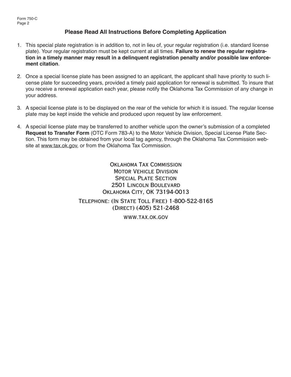 Form 750-C Physically Disabled License Plate Application - Oklahoma, Page 2