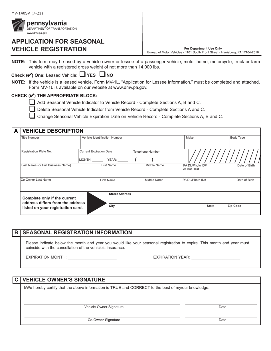 Form Mv-140sv - Fill Out, Sign Online And Download Fillable Pdf 