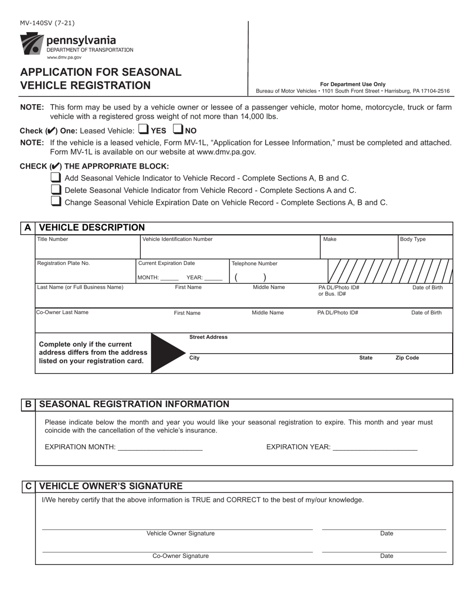 Form MV-140SV Application for Seasonal Vehicle Registration - Pennsylvania, Page 1