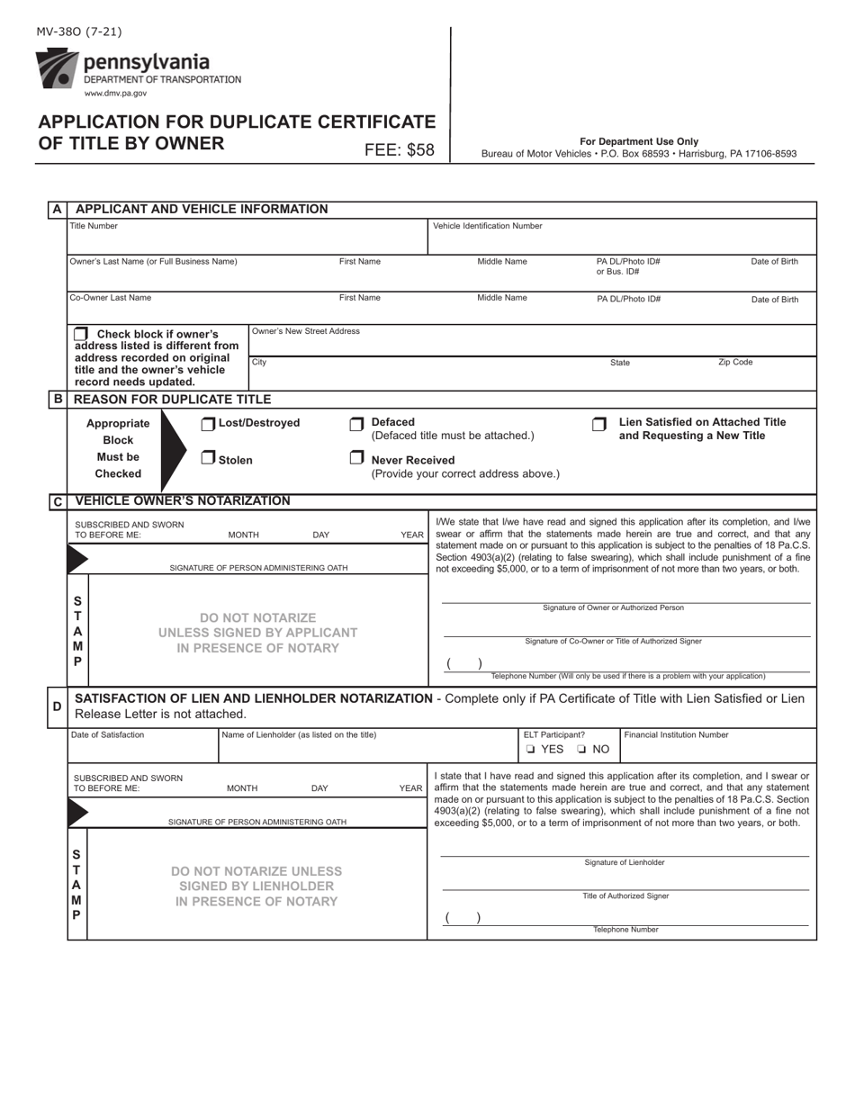 Form MV-38O Application for Duplicate Certificate of Title by Owner - Pennsylvania, Page 1