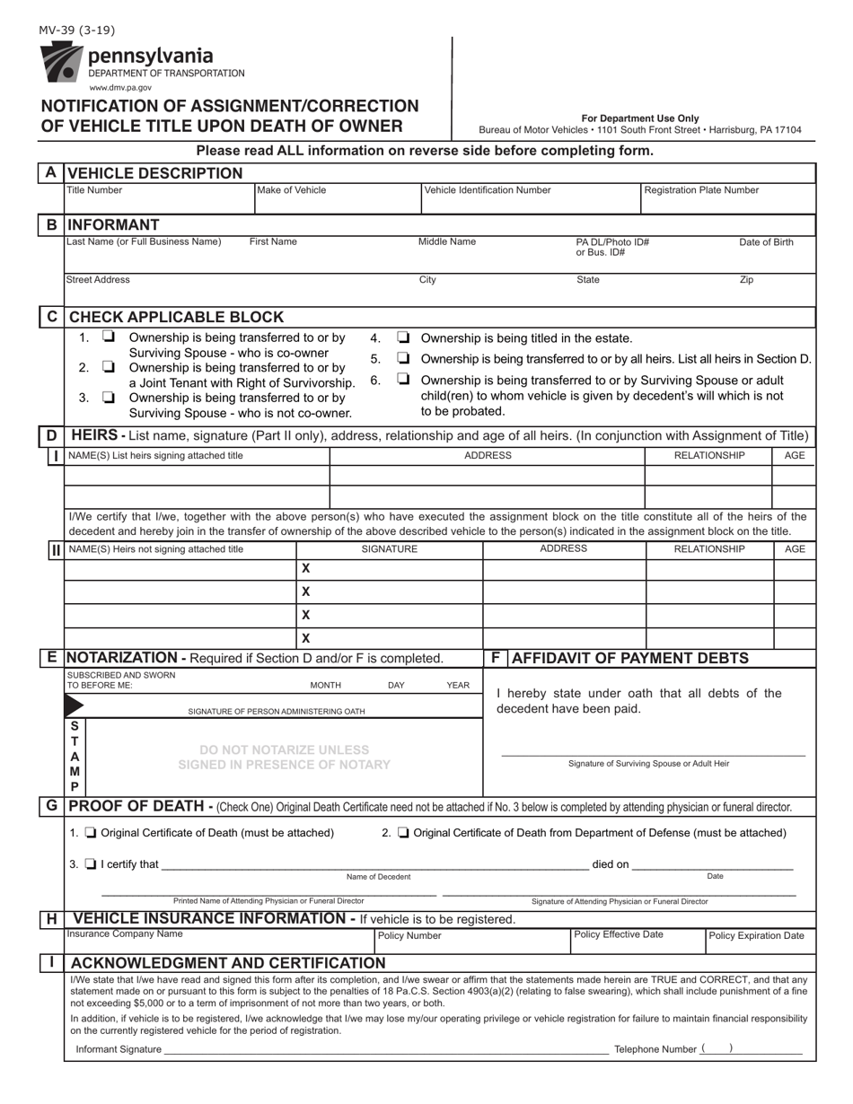 Form MV-39 Notification of Assignment / Correction of Vehicle Title Upon Death of Owner - Pennsylvania, Page 1