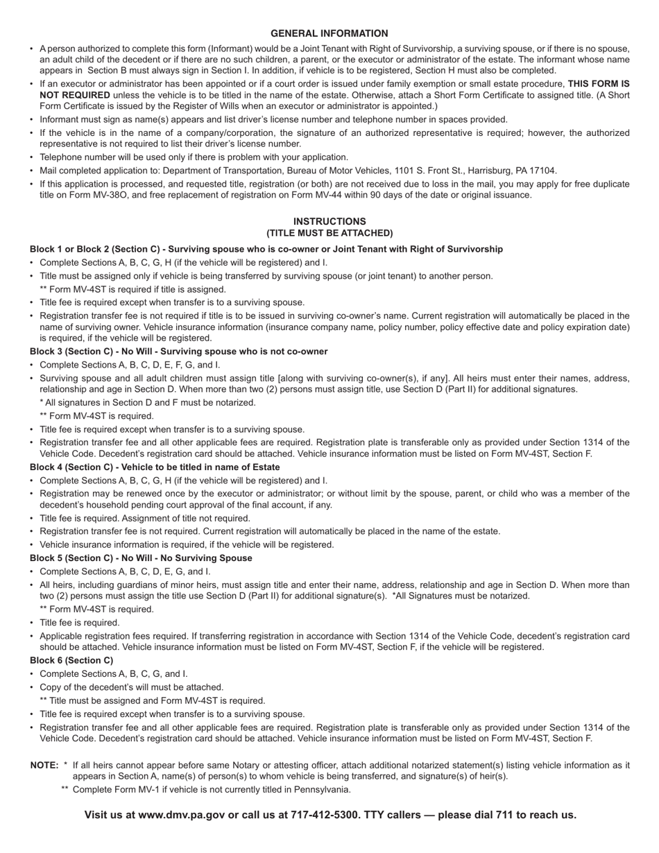 Form MV-39 Notification of Assignment / Correction of Vehicle Title Upon Death of Owner - Pennsylvania, Page 2