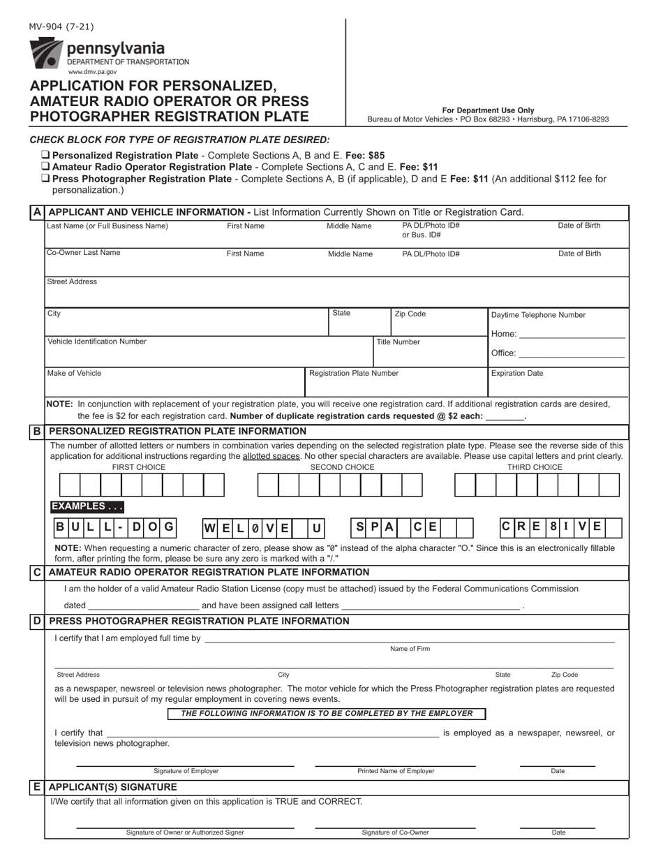 Form MV-904 Application for Personalized, Amateur Radio Operator or Press Photographer Registration Plate - Pennsylvania, Page 1
