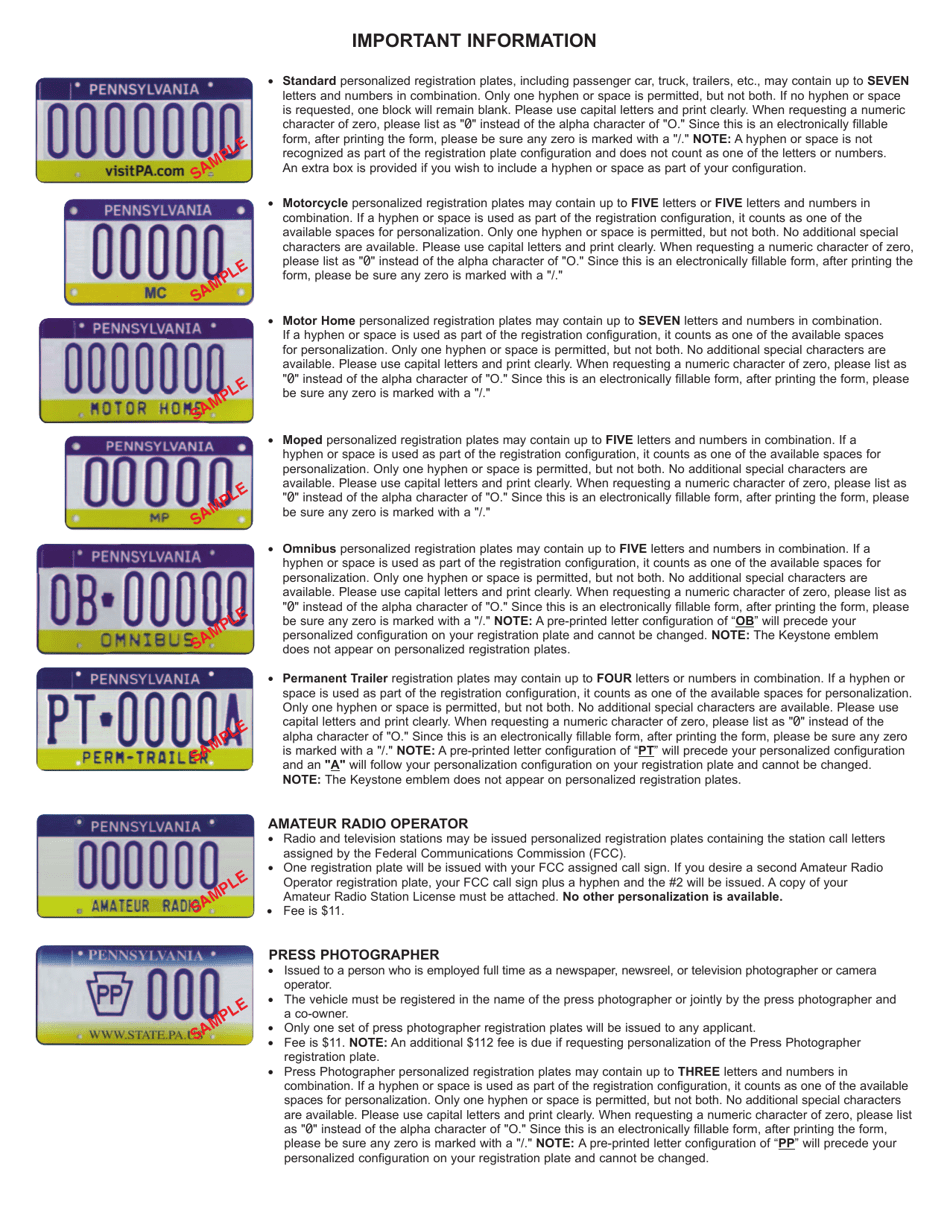 Form MV-904 Application for Personalized, Amateur Radio Operator or Press Photographer Registration Plate - Pennsylvania, Page 2