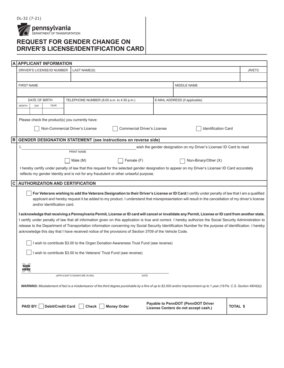 Form DL-32 Request for Gender Change on Driver's License/Identification Card - Pennsylvania, Page 1