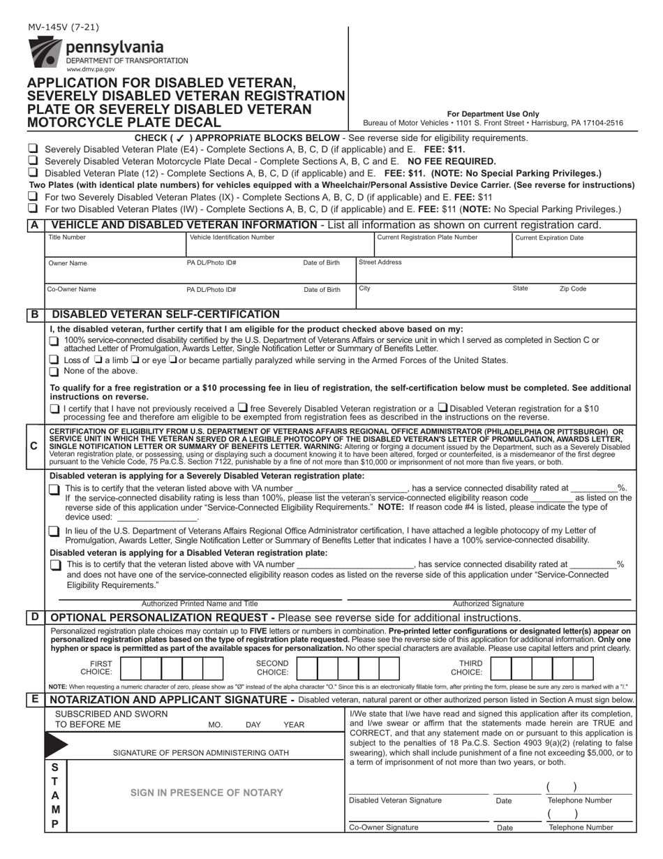 Form MV-145V Application for Disabled Veteran, Severely Disabled Veteran Registration Plate or Severely Disabled Veteran Motorcycle Plate Decal - Pennsylvania, Page 1
