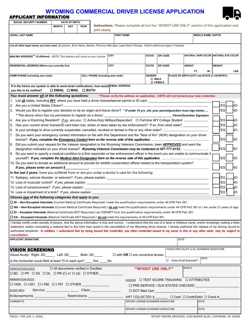 Form FSCDL-705 Wyoming Commercial Driver License Application - Wyoming, Page 1