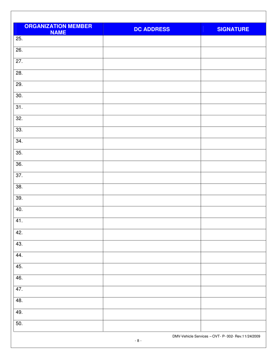 Form OVT-P-002 Organizational Vehicle Tag Membership Application - Washington, D.C., Page 8