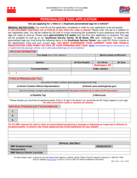 Form DMV-PTA-01 &quot;Personalized Tags Application&quot; - Washington, D.C.