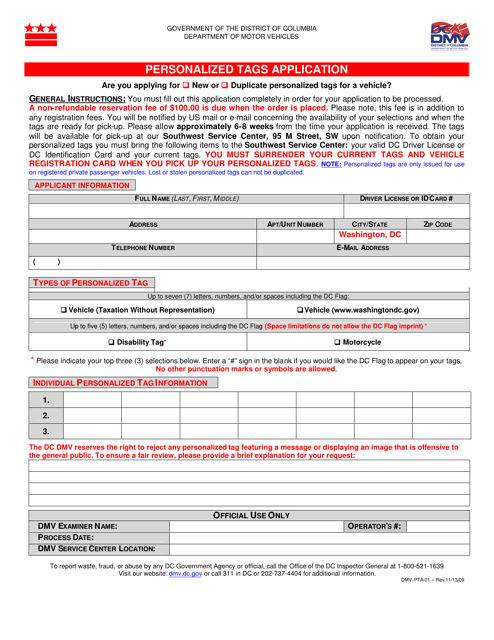 Form DMV-PTA-01 Personalized Tags Application - Washington, D.C.