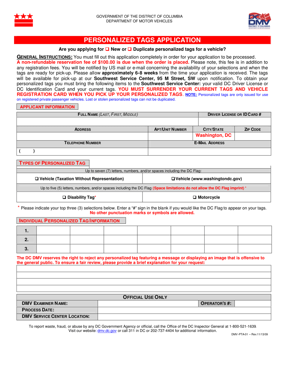 Form DMV-PTA-01 Personalized Tags Application - Washington, D.C., Page 1