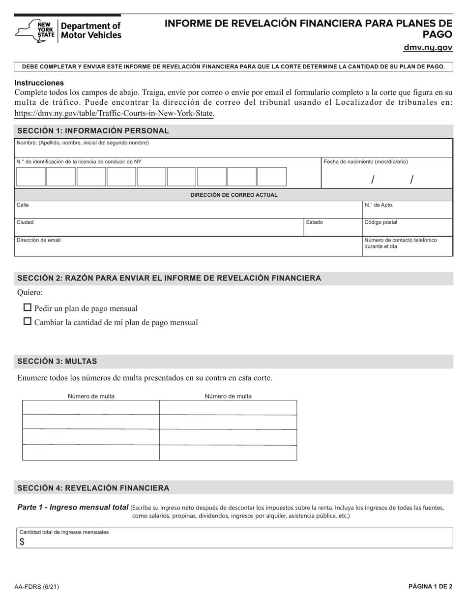 Formulario AA-FDRS Informe De Revelacion Financiera Para Planes De Pago - New York (Spanish), Page 1