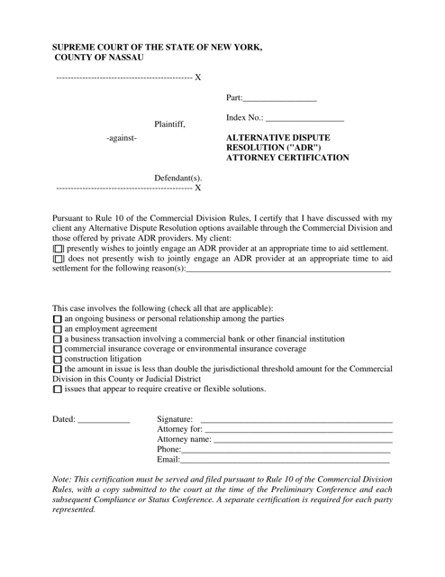 Alternative Dispute Resolution (Adr) Attorney Certification - Nassau County, New York