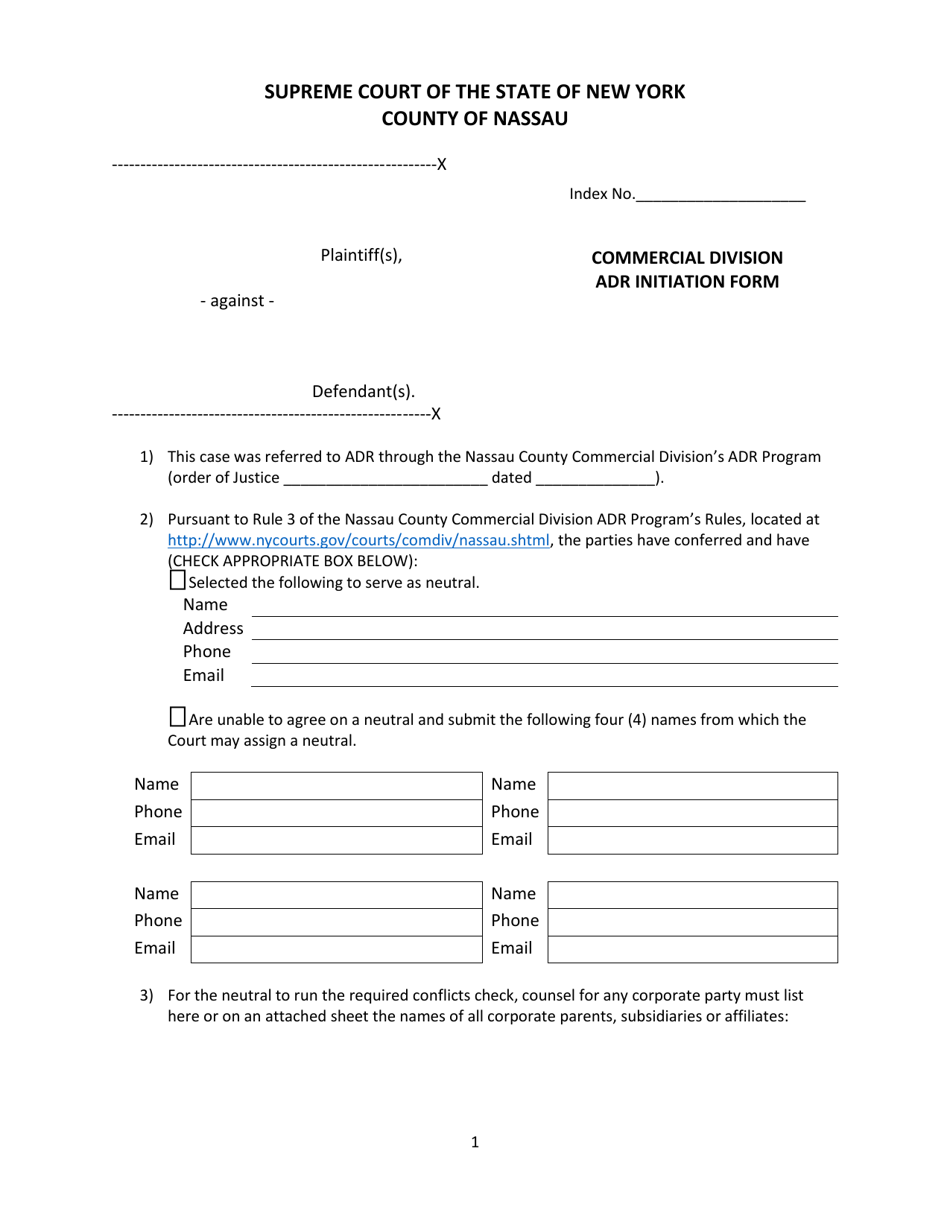 Commercial Division Adr Initiation Form - Nassau County, New York, Page 1