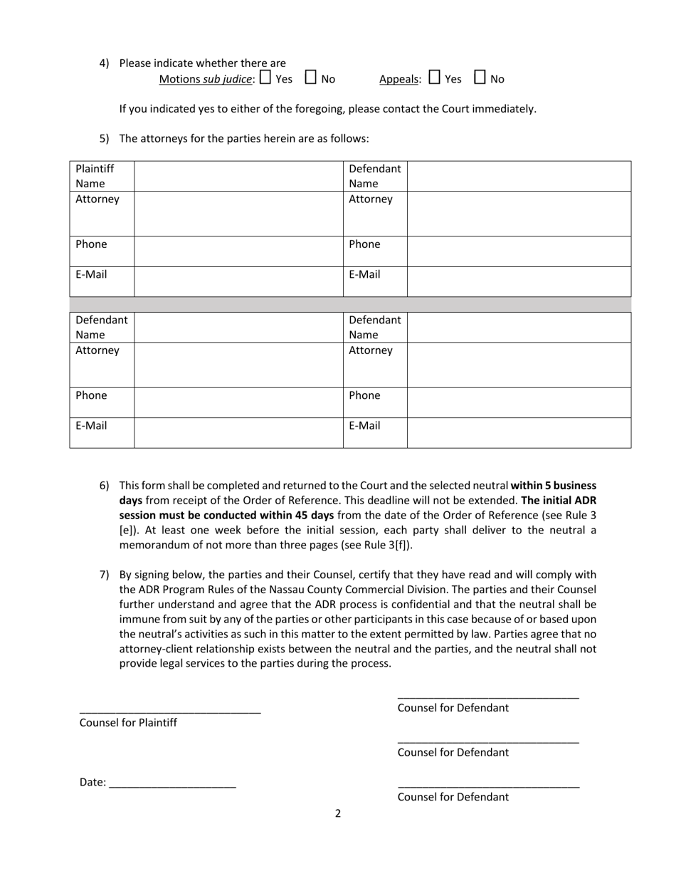 Commercial Division Adr Initiation Form - Nassau County, New York, Page 2