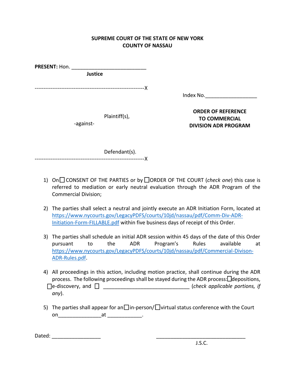 Order of Reference to Commercial Division Adr Program - Nassau County, New York, Page 1