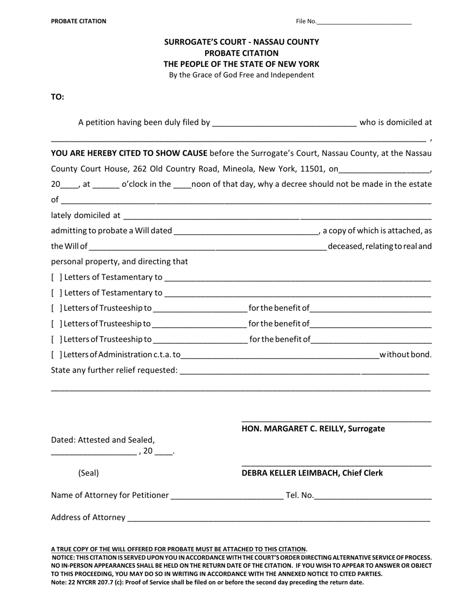 Probate Citation - Nassau County, New York, Page 1