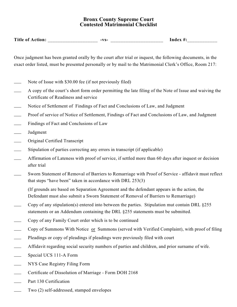 Contested Matrimonial Checklist - Bronx County, New York, Page 1
