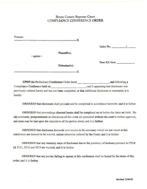 Compliance Conference Order - Bronx County, New York Download Pdf