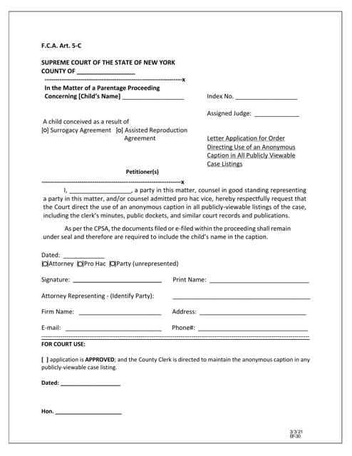 Form EF-30 Letter Application for Order Directing Use of an Anonymous Caption - New York