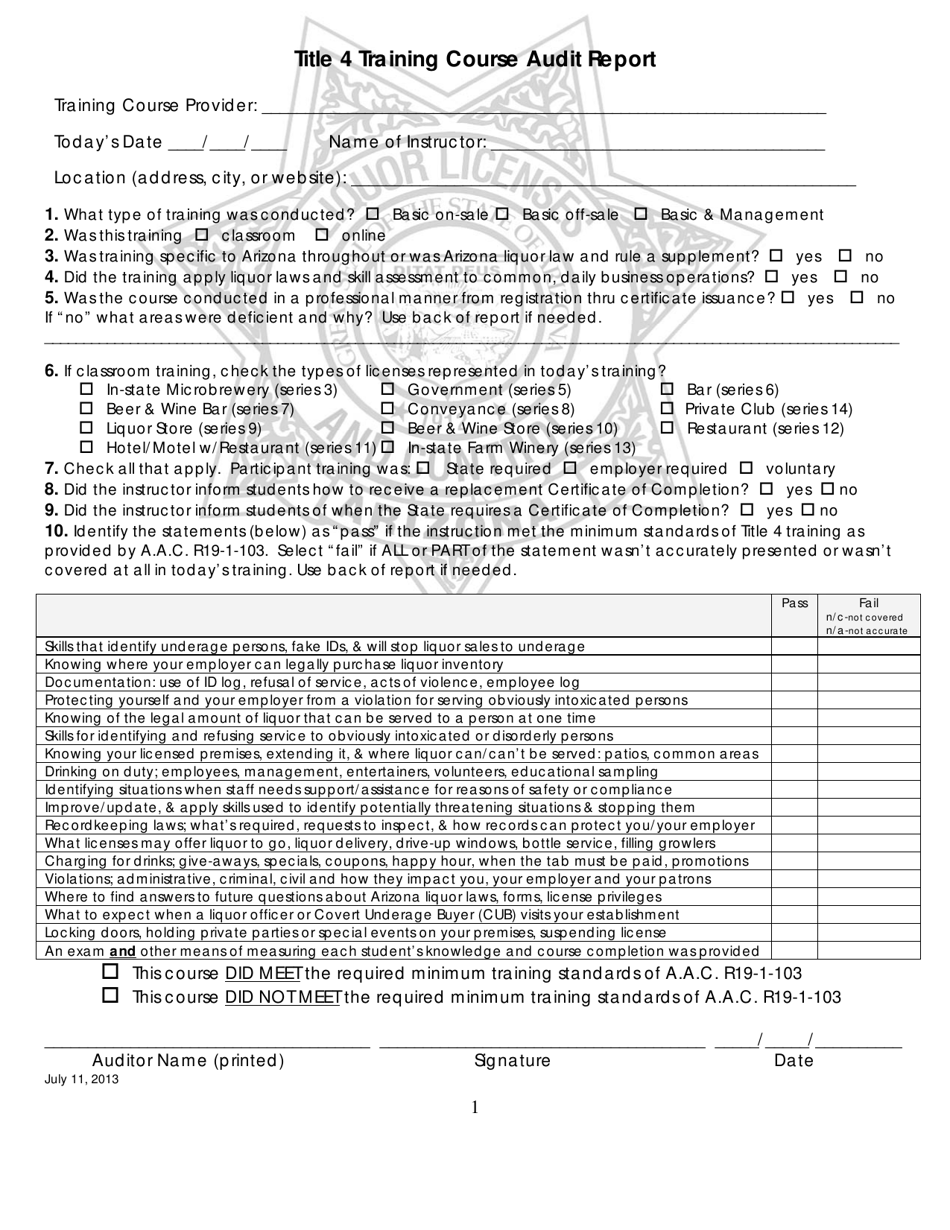 Title 4 Training Course Audit Report - Arizona, Page 1