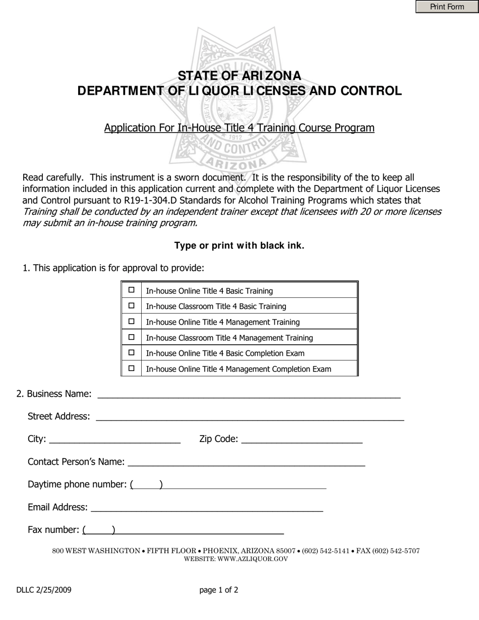 Application for in-House Title 4 Training Course Program - Arizona, Page 1