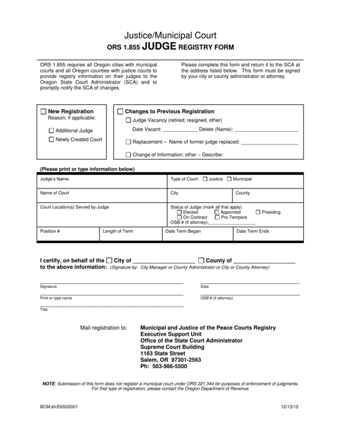 Judge Registry Form - Oregon Download Pdf