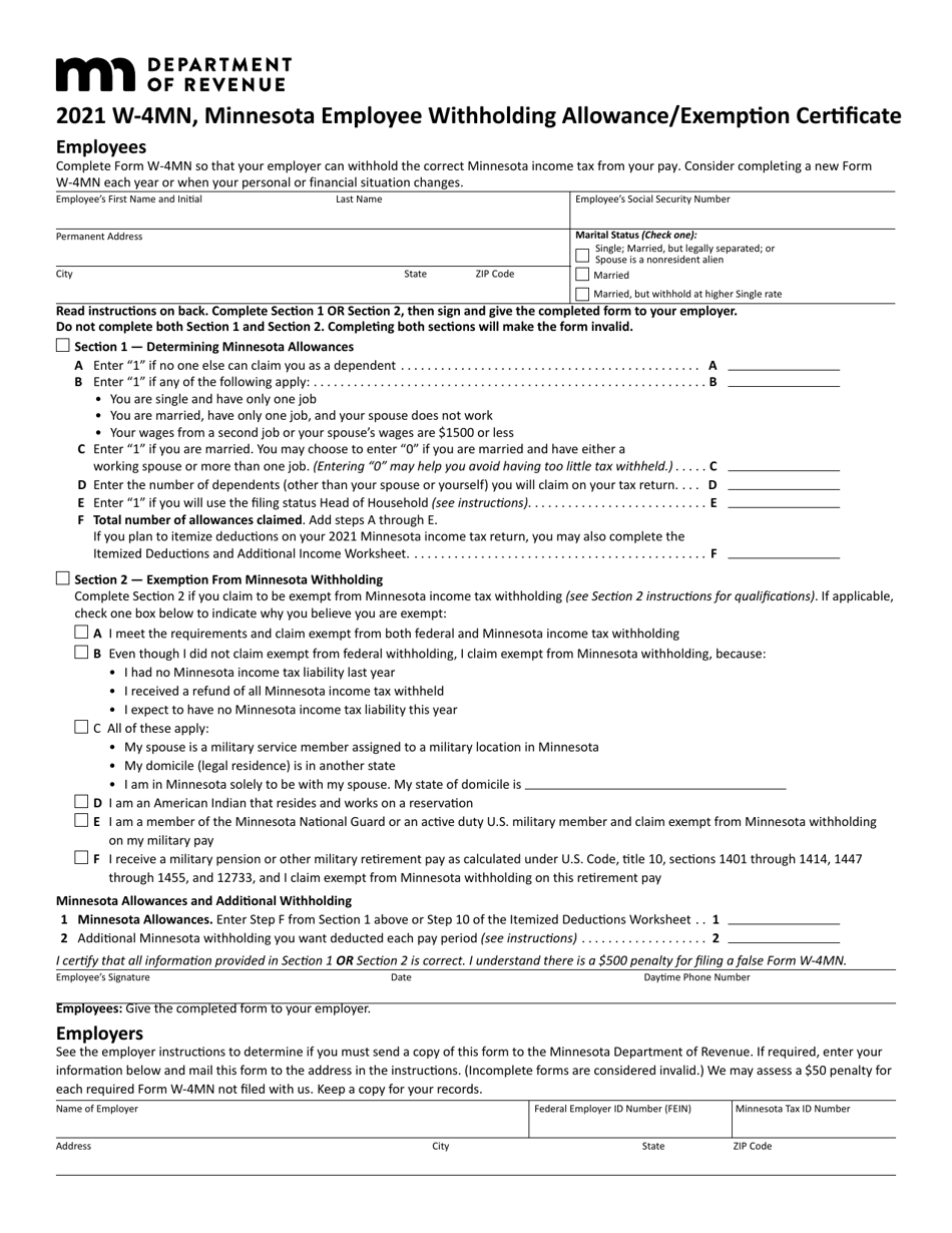 Form W-4MN Minnesota Employee Withholding Allowance/Exemption Certificate - Minnesota, Page 1
