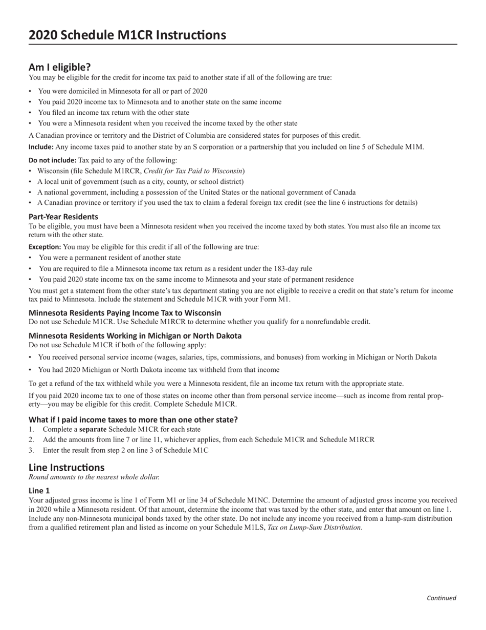Schedule M1CR Credit for Income Tax Paid to Another State - Minnesota, Page 2