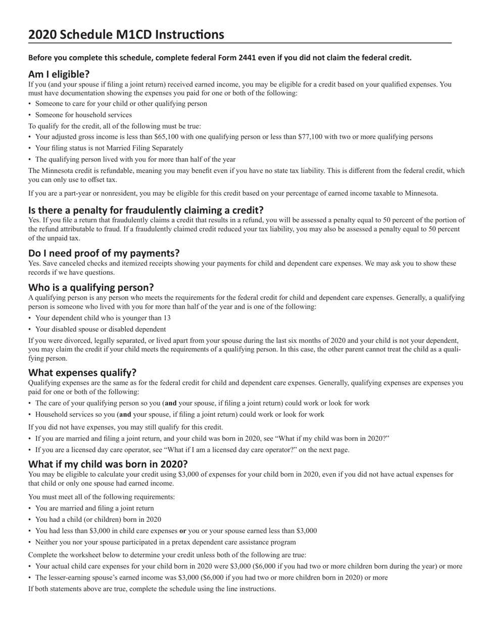 Schedule M1CD Child and Dependent Care Credit - Minnesota, Page 2