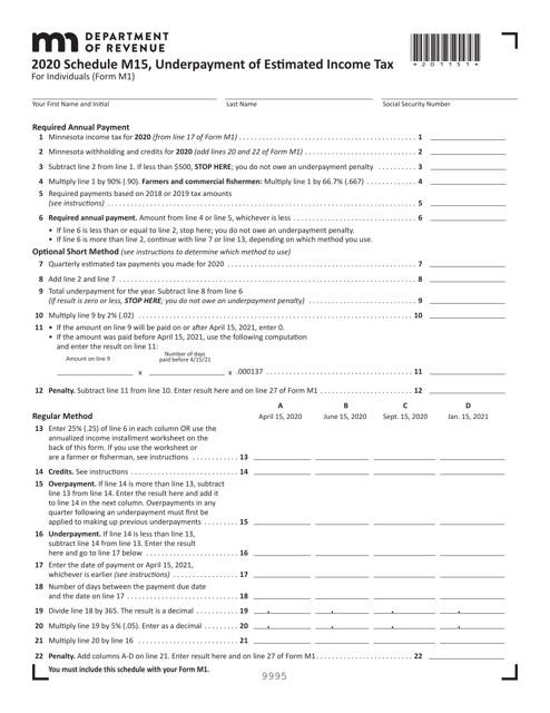 Form M1 Schedule M15 Underpayment of Estimated Income Tax - Minnesota, 2020