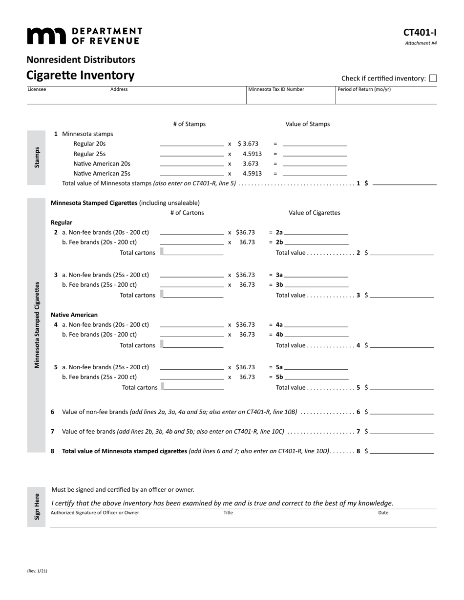 Form CT401-I Attachment 4 Cigarette Inventory (Nonresident Distributors) - Minnesota, Page 1