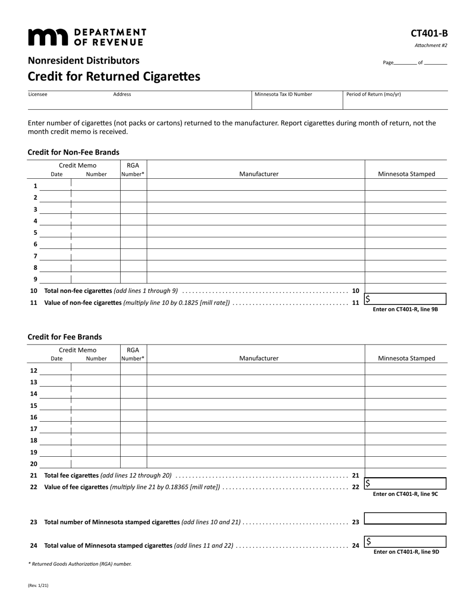 Form CT401-B Attachment 2 Credit for Returned Cigarettes (Nonresident Distributors) - Minnesota, Page 1