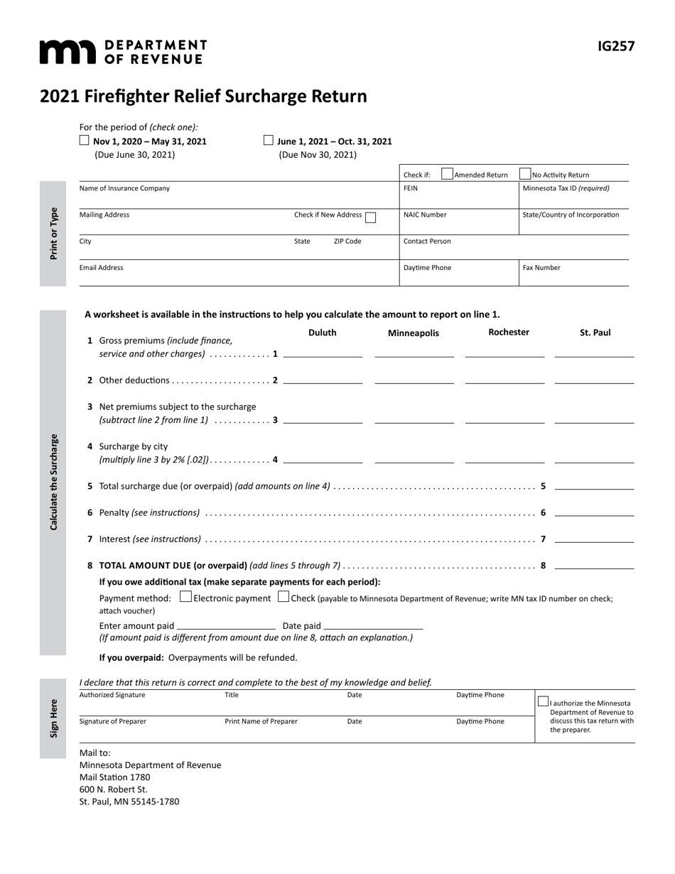 Form IG257 Firefighter Relief Surcharge Return - Minnesota, Page 1