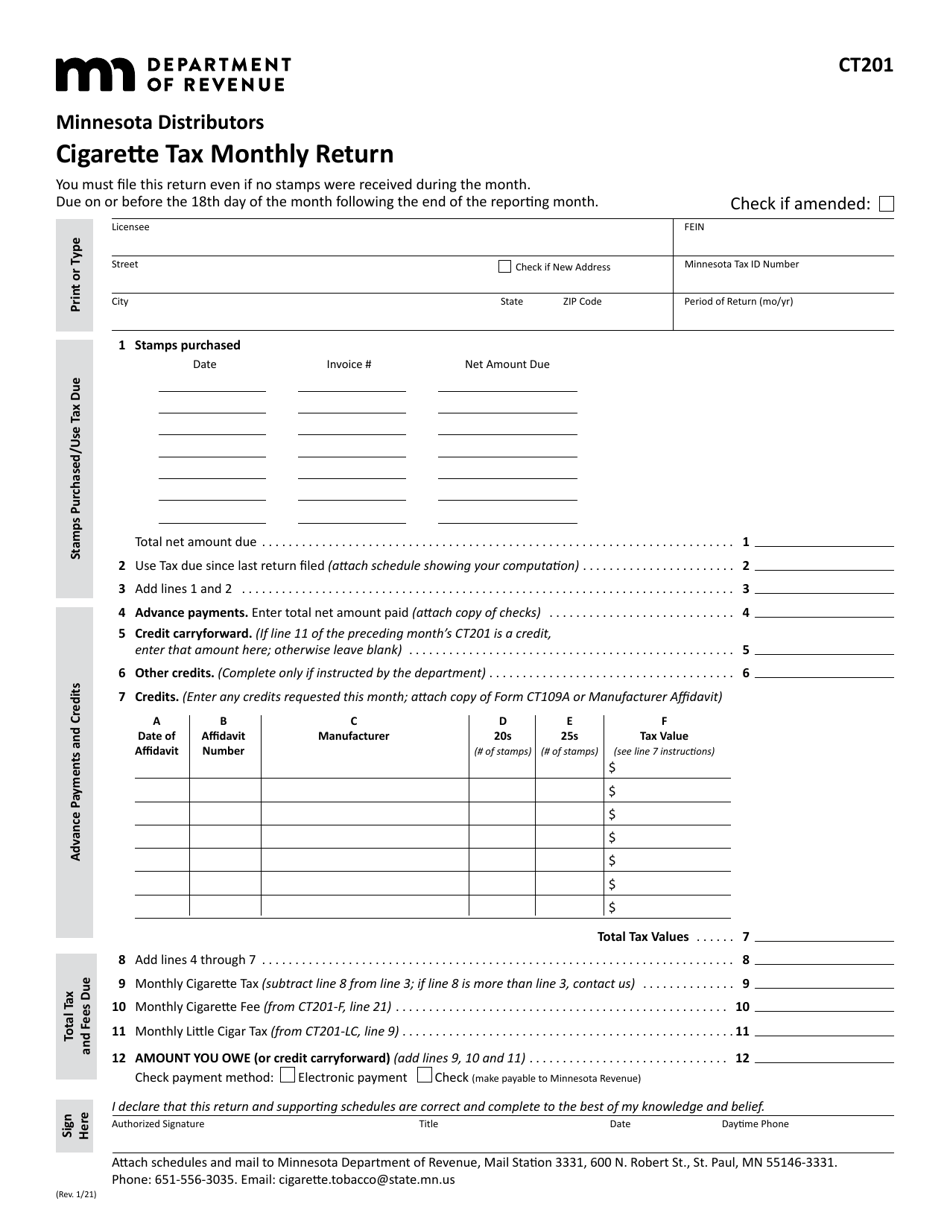 Form CT201 Cigarette Tax Monthly Return - Minnesota Distributors - Minnesota, Page 1