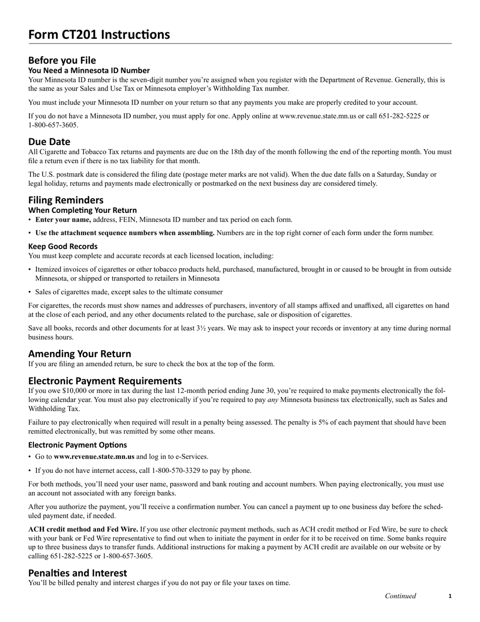 Form CT201 Cigarette Tax Monthly Return - Minnesota Distributors - Minnesota, Page 2