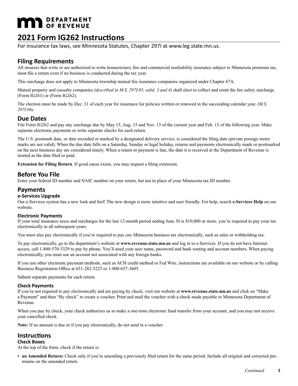 Form IG262 Fire Safety Surcharge Return for Mutual Companies - Minnesota, Page 2