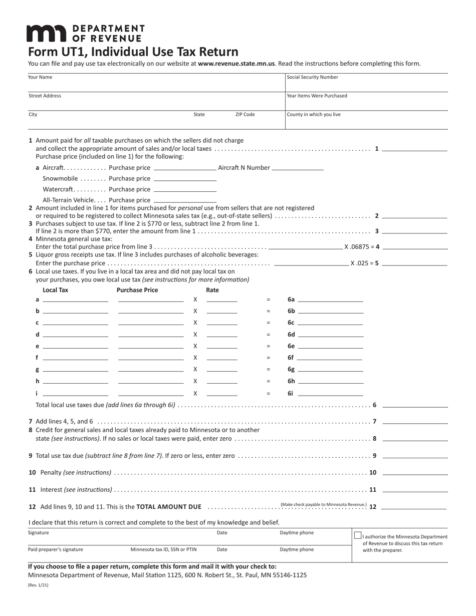 Form UT-1 Individual Use Tax Return - Minnesota, Page 1
