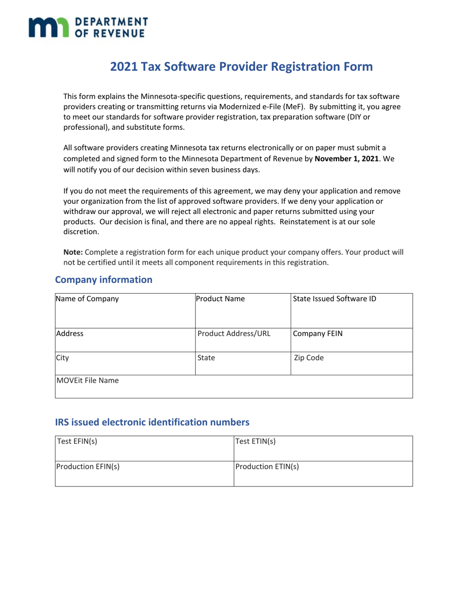 Tax Software Provider Registration Form - Minnesota, Page 1