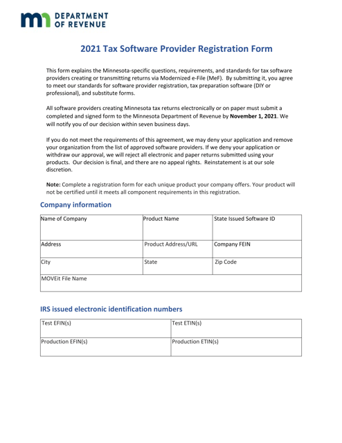 Tax Software Provider Registration Form - Minnesota Download Pdf