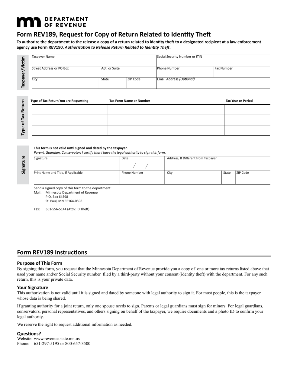Form REV189 Request for Copy of Return Related to Identity Theft - Minnesota, Page 1