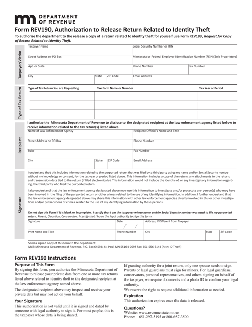 Form REV190 Authorization to Release Return Related to Identity Theft - Minnesota